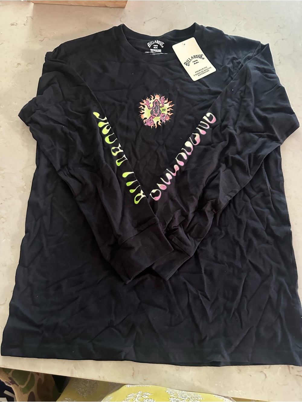 Billabong Black Long Sleeve Tee with Neon Pink & Neon Yellow Flame Graphics